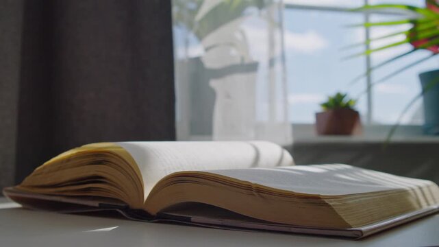 open book lying on a small wooden table near a bright window. Gentle wind slowly turns the pages while warm sunlight streams in, creating a peaceful and mysterious atmosphere in the room 4K.