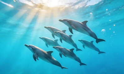 Naklejka premium A pod of dolphins swimming gracefully through clear blue ocean water bathed in sunlight