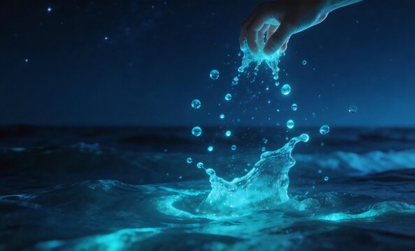 A captivating hand gently disturbs the luminous surface of the ocean at night, revealing a stunning display of glowing bioluminescent plankton and magical water splashes
