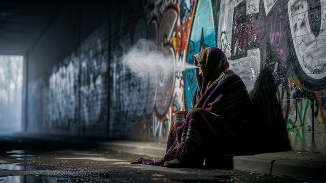 A solitary person, deeply engrossed in thought and covered by a warm, colorful striped blanket, sits huddled and exhales visible breath into the chilly air, appearing to find solace or endure the