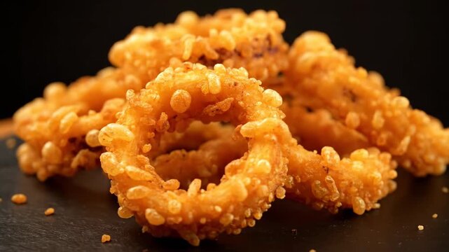 Crispy golden fried squid rings slow motion close-up with professional lighting and texture details