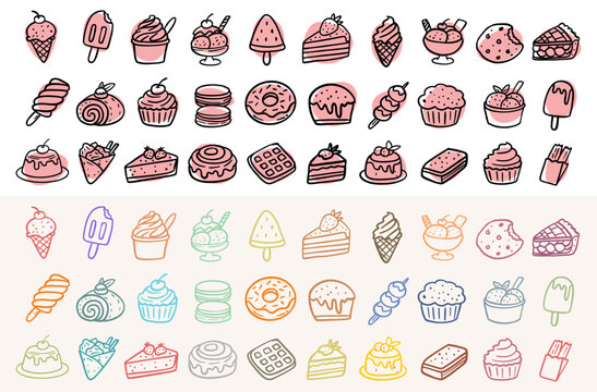 Colorful hand drawn dessert icon set featuring ice cream, cakes, and sweets. Cute doodle elements in various styles perfect for stickers, cafe menus, scrapbooking, and apparel design