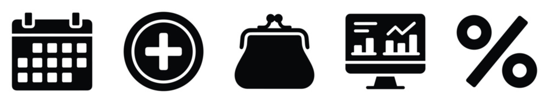 Modern financial management glyph icons featuring calendar scheduling, monetary transactions, analytical reporting, and percentage calculation, perfect for business applications and