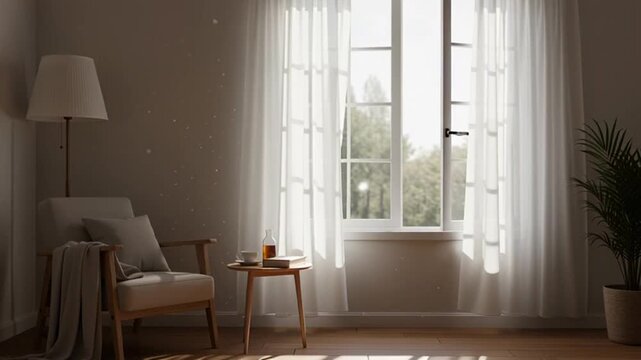 Cozy living room interior with chair, table, and plant by sunny window