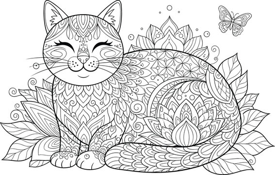 Decorative Cat Zentangle Illustration with Floral Patterns, Mandala Style Line Art Design for Coloring Pages, Relaxation, Tattoo Inspiration and Artistic Projects