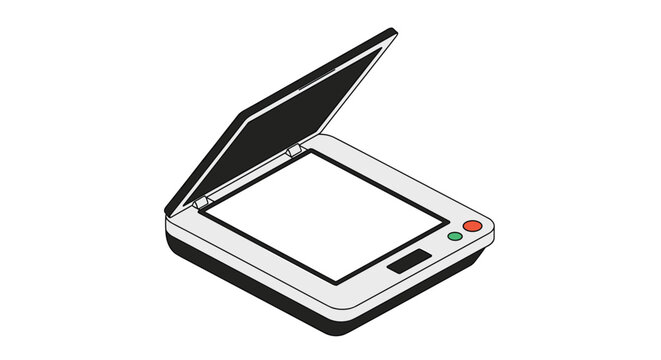 Open flatbed document scanner device for digitizing paper files and photographs into high quality electronic images for work.