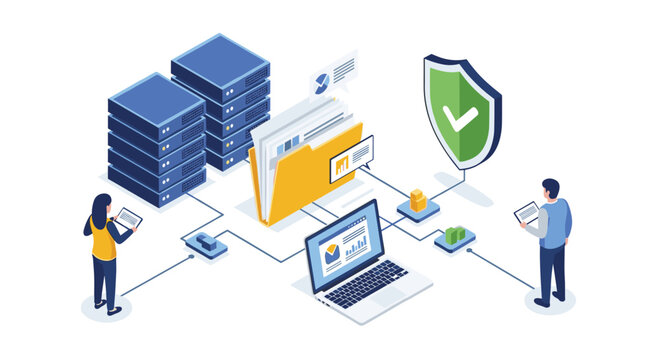 Secure data management concept showing computer servers and file folders protected by a shield for system reliability.