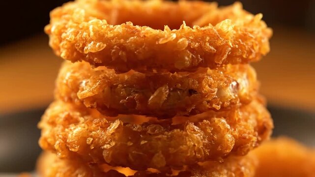Ultra realistic golden battered onion rings stack close-up rotating crunchy texture food commercial 4K