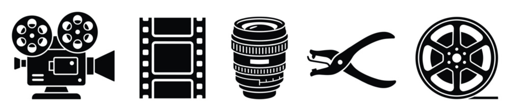 Essential cinema and photography equipment icons featuring a vintage movie camera, film strip, camera lens, splicer, and film reel, perfect for illustrating visual media production concepts