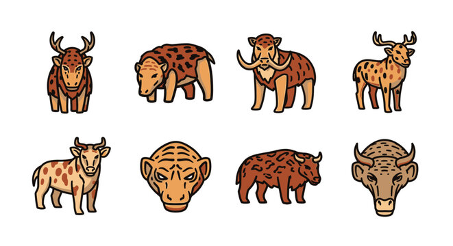 Caveman face and animals illustrations.