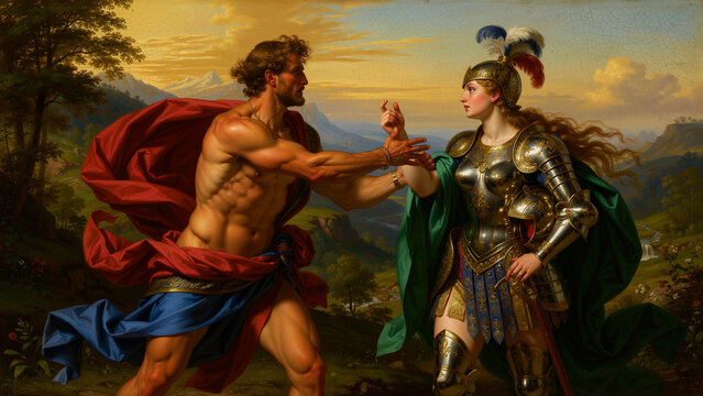 A dramatically depicted, muscular male figure, draped in flowing red and blue fabric, gestures towards a stoic female warrior adorned in ornate silver and gold armor, a plumed helmet, and an emerald