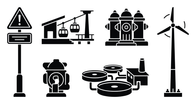 Visual representation of various public utility and industrial infrastructure elements including a warning sign cable car fire hydrants water treatment plant and wind turbine for graphic
