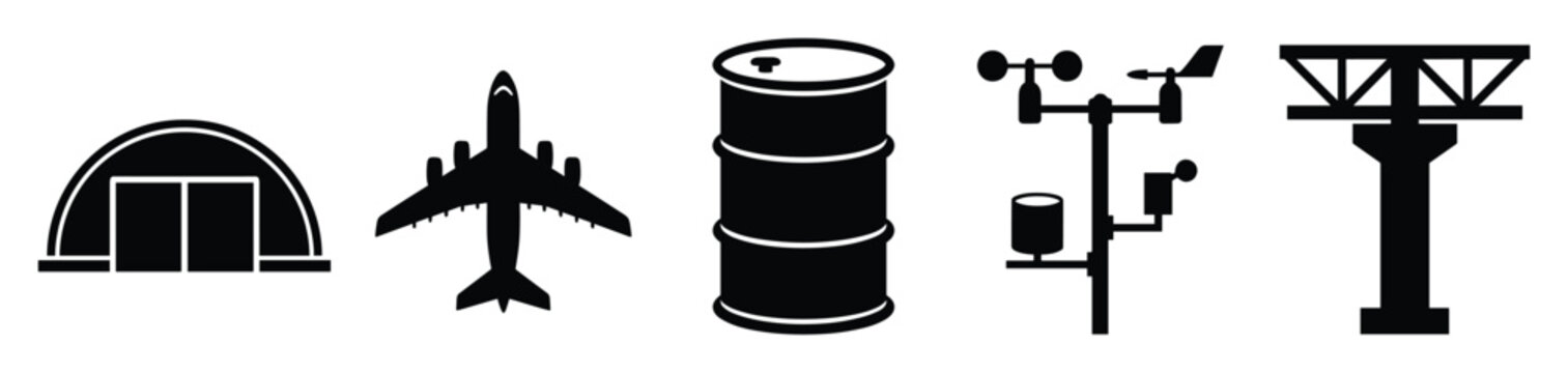 Black silhouettes illustrating aviation and industrial essentials aircraft hangar, passenger plane, storage drum, weather station, and communication tower for logistics projects.