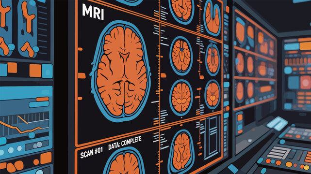 Medical MRI Brain Scan Display in Control Room