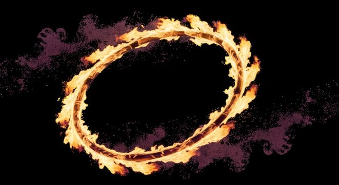 Dynamic inferno ring against a dark void, a dramatic fiery oval design with intense heat and light