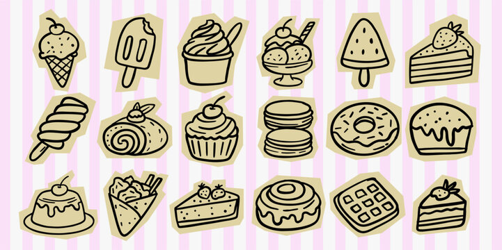 Hand drawn dessert doodle icon set featuring ice cream, cake, and sweets. Perfect for scrapbook elements, stickers, apparel design, and cafe branding