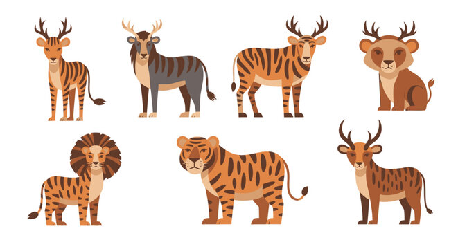 Collection of various wild animals standing.