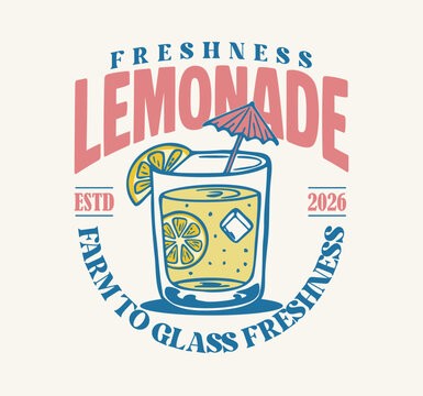 Vintage lemonade streetwear print design with a fresh glass and umbrella. Retro summer aesthetic perfect for t-shirt graphics, apparel, posters, and urban clothing brand merchandise