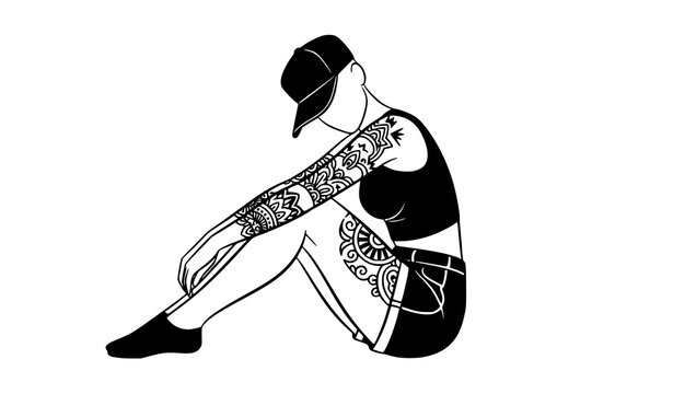 Bold tattoo girl sitting cross legged monochrome vector illustration isolated on white background modern urban Chicano portrait