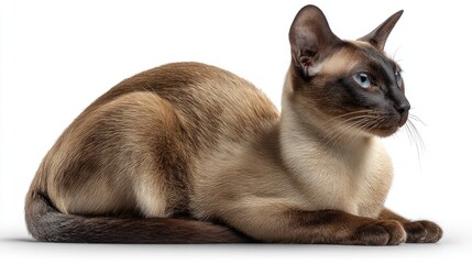 Obraz premium Elegant Siamese Cat Relaxing in a Graceful Pose with Striking Blue Eyes and Smooth Coat Showcasing Its Unique Features and Distinctive Appearance