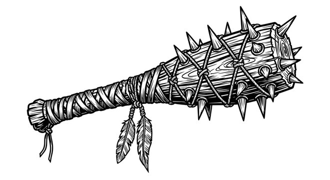 Flail with spikes and feathers attached.