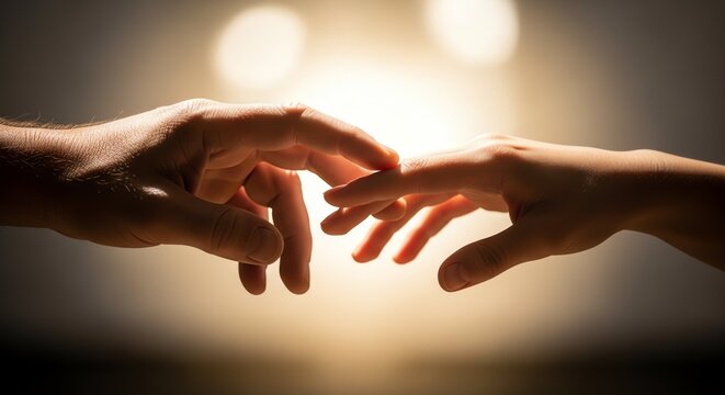 Two human hands reach out toward each other to create a gentle touch representing connection, unity and human kindness.
