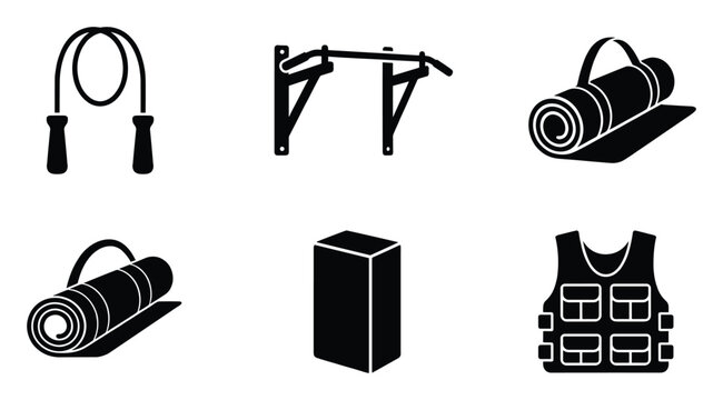 Comprehensive collection of essential fitness equipment icons including jump rope pull up bar mat plyo box and weighted vest for gym and home workout graphic needs