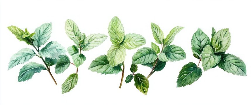 Fresh watercolor mint sprigs and green leaves on white background, vibrant botanical study conveying refreshing, calming natural energy