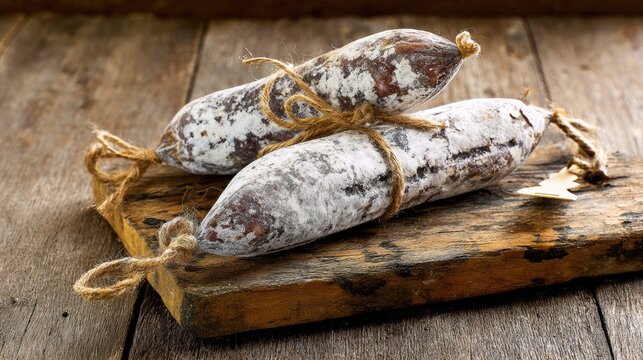 saucisson. Thick French saucisson on rustic board with white mold, tied with twine, artisanal feel. menu design, packaging mockups, designed for food delivery and cloud-kitchen brand materials.