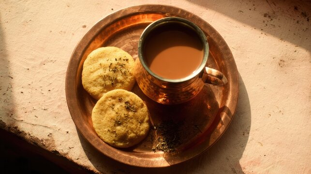thepla. Traditional copper tray with Dhokla, Thepla, and a cup of Masala Chai from above. menu design, packaging mockups, designed for food delivery and cloud-kitchen brand materials.