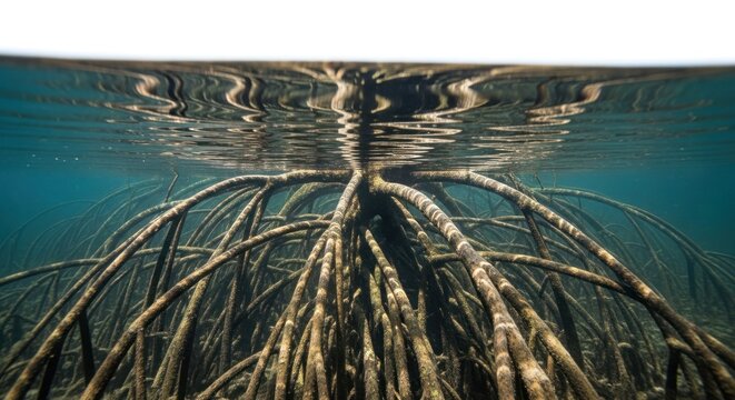 Underwater mangrove roots create a mesmerizing aquatic landscape with light reflections.