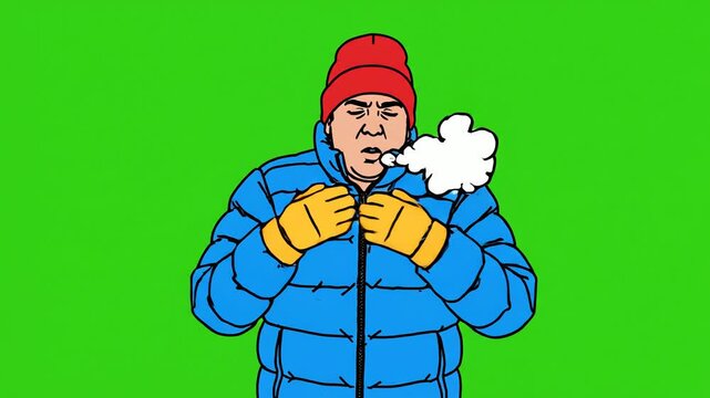 Person Freezing Cold Winter Weather Clothing Warm Hat Puffer Jacket.