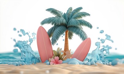 Obraz premium playful tropical beach scene with two pink surfboards, a swaying palm tree, hibiscus flower, turquoise splashing waves and warm sand evoking relaxed sunny summer joy
