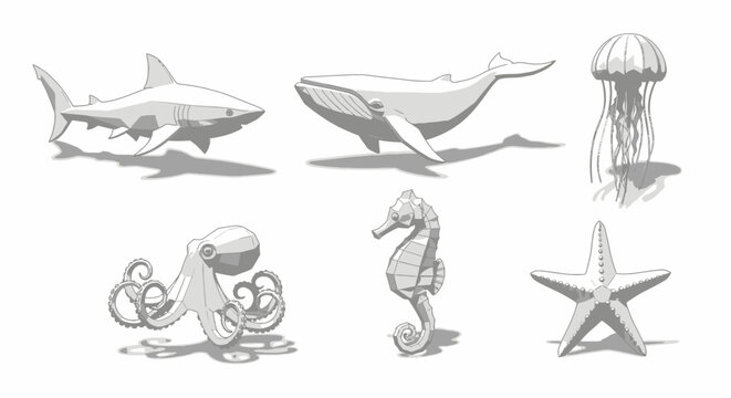 Marine animals ocean creatures illustrations.
