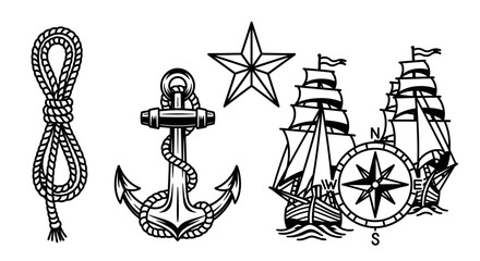 Naklejka premium Nautical icons including anchor rope star.