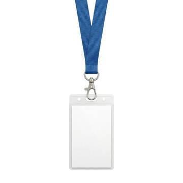 Blank white identification badge with blue lanyard strap