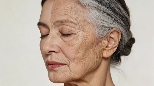 Aging process concept: Woman's face split showing young and old skin, beauty transformation, and the effects of time.