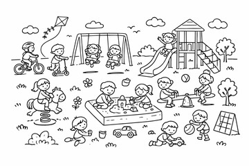Naklejka premium Doodle Playground with Kids Playing in Kindergarten Park. Children Having Fun with Swings, Slides, Seesaw, Sandbox, Bicycle, and Scooter. Hand Drawn Vector Illustration for Coloring Book Page.
