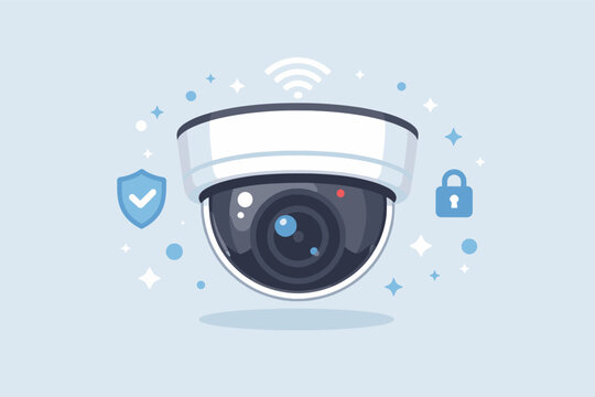 Flat Vector Illustration of a Dome Security Camera Icon with Wi-Fi Signal, Shield, and Padlock Symbols Representing Home Monitoring, Safety, Surveillance, and Smart Technology Protection System.