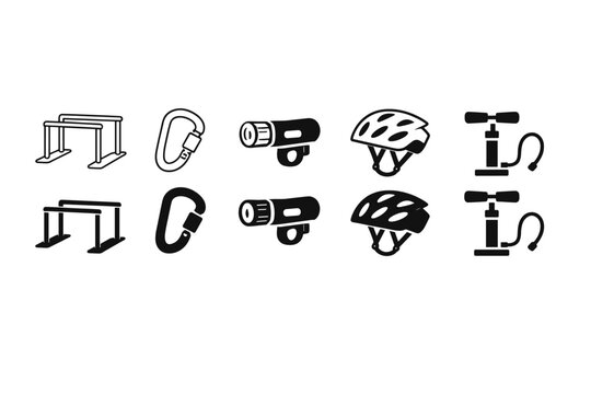Collection of Sports and Outdoor Equipment Icons Featuring Parallel Bars, Carabiner, Bicycle Light, Cycling Helmet, and Bike Pump in Outline and Solid Silhouette Styles for Fitness and Adventure