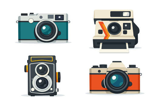 Set of four colorful vintage camera illustrations in a flat vector style featuring an analog rangefinder, instant camera, twin-lens reflex, and SLR on a white background for retro photography.