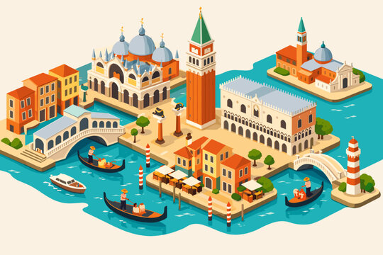 Isometric vector illustration of Venice landmarks featuring Saint Mark's Basilica, Campanile, Doge's Palace, Rialto Bridge, and gondolas on the canal. Charming Italian city architecture travel art.