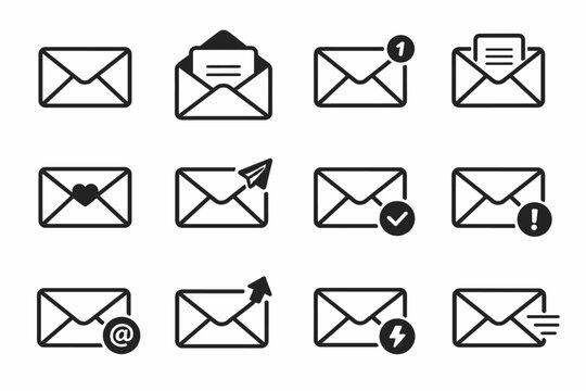 Set of 12 Minimalist Email and Envelope Icons in Black and White Flat Vector Style, Featuring Mail Notification, Sent Confirmation, Urgent Message, Love Letter, and Digital Communication Symbols