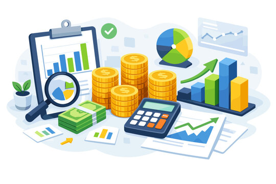 Isometric vector illustration of financial report and data analysis concept featuring stacks of gold coins, cash, calculator, magnifying glass, and colorful business growth charts on white.