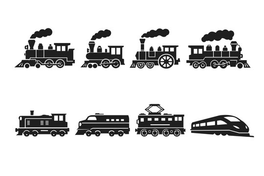 Collection of train engine silhouettes and flat vector icons, showcasing the evolution of railway transport from vintage steam locomotives to modern electric and high-speed bullet trains.