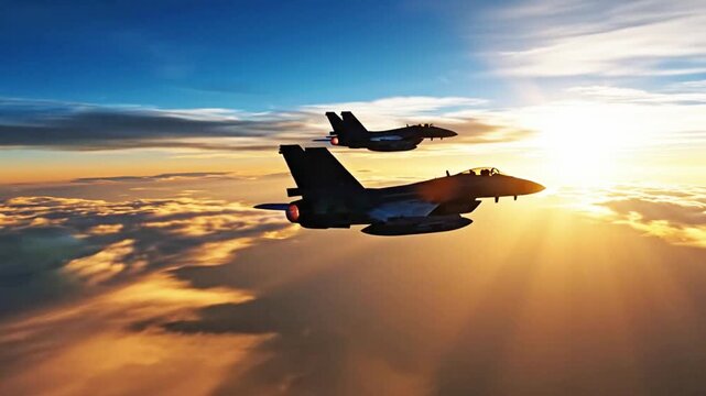 Two fighter jets flying in formation during sunset 4K full HD video jet plane aircraft flight sky jet plane aircraft flight sky 4K full HD video