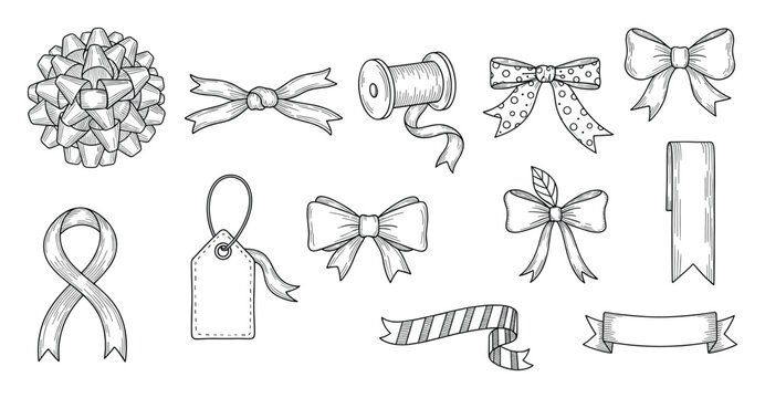 Engraved style collection of celebratory bows ribbons and a gift tag perfect for packaging decorations scrapbooking and event invitations