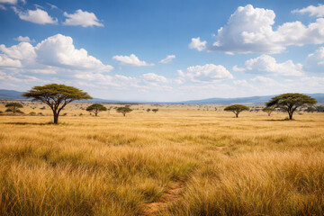 Fototapeta premium Vast savannah landscape with acacia trees under a blue sky.
