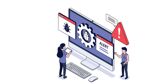 Software developers identify and fix system bugs and security alerts on a large computer monitor in an office setting.