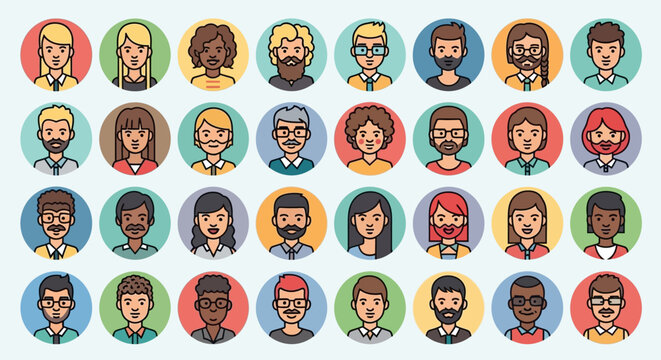 Set of diverse human avatars in flat circle style.